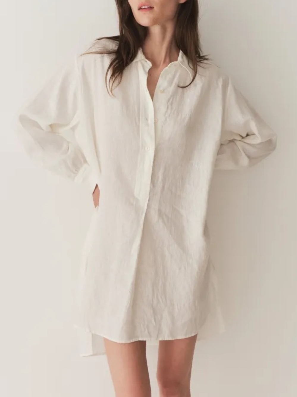 NWT Doen Jora Linen Collar Button Long Sleeve Shirt Mini Dress Salt White